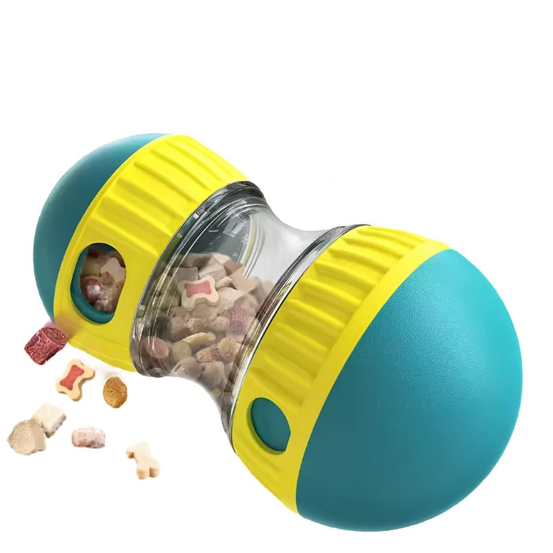 Oval slow feeder and treat dispenser toy for dogs and cats
