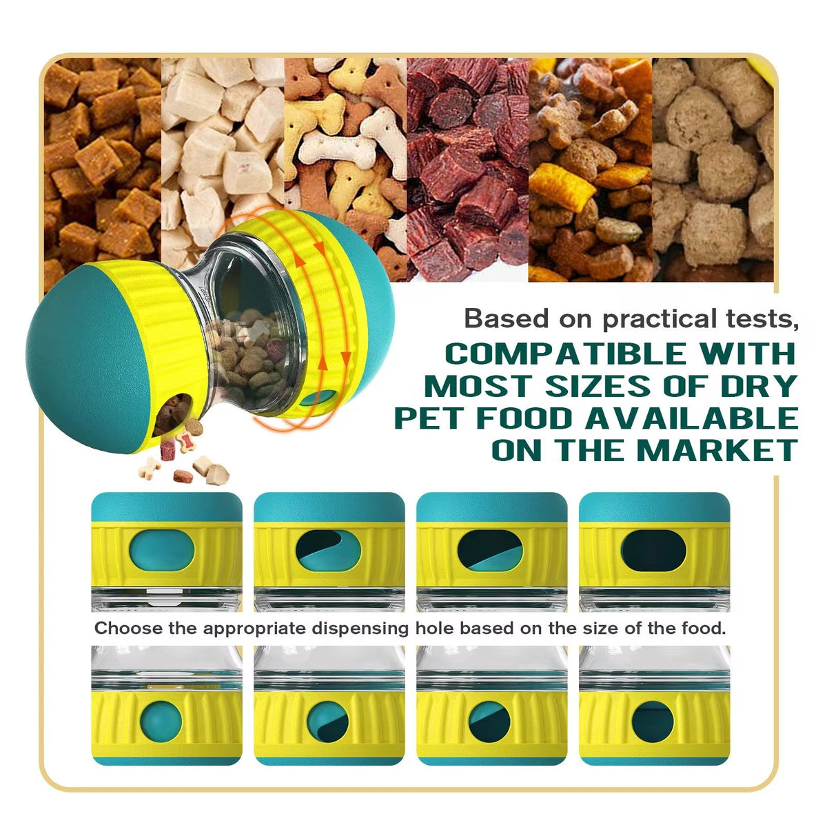Oval slow feeder and treat dispenser toy for dogs and cats