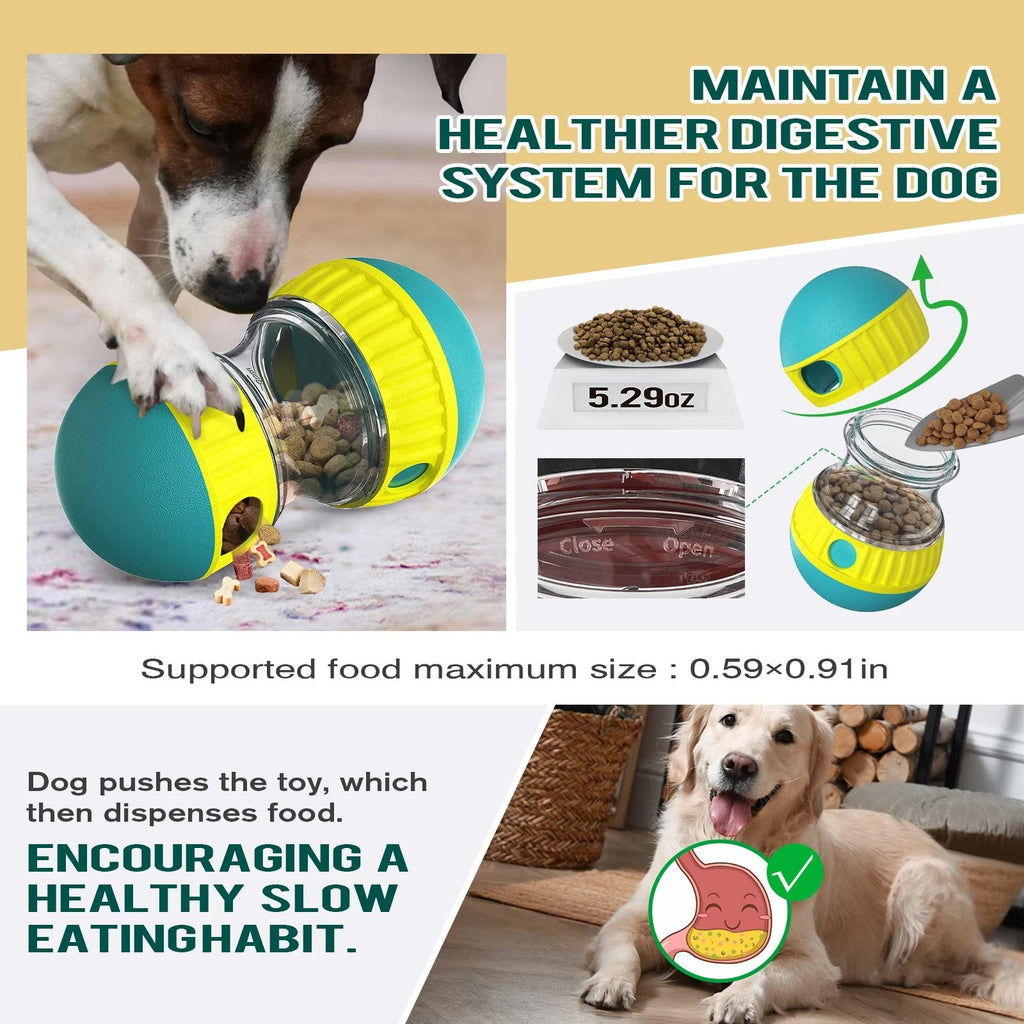 Oval slow feeder and treat dispenser toy for dogs and cats