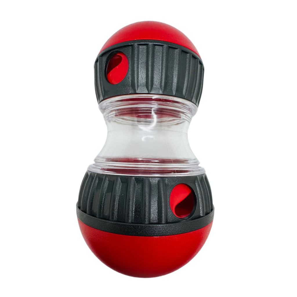 Oval slow feeder and treat dispenser toy for dogs and cats