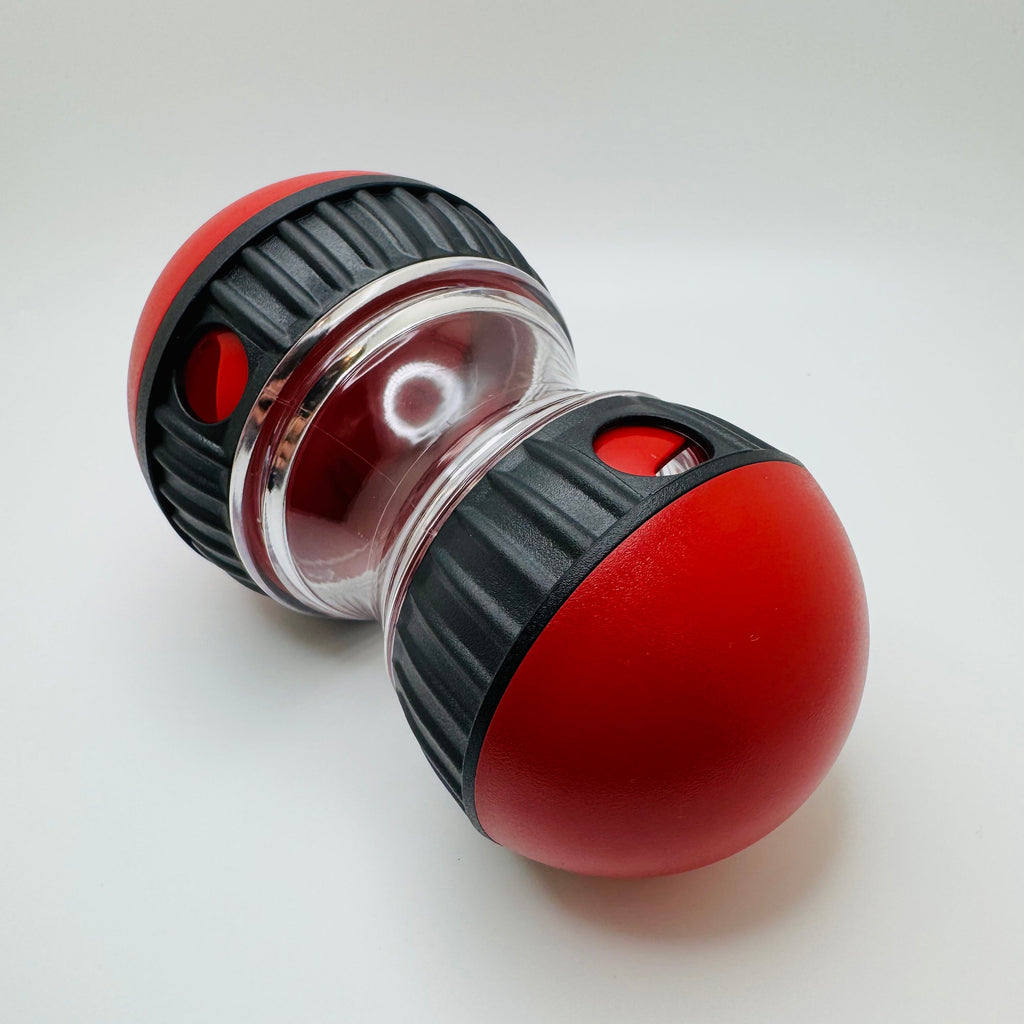 Oval slow feeder and treat dispenser toy for dogs and cats