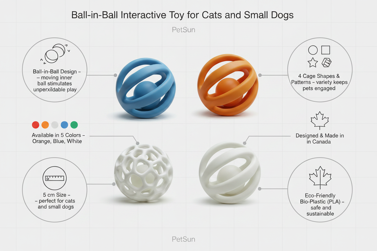 Ball-in-ball interactive toy features and sizes